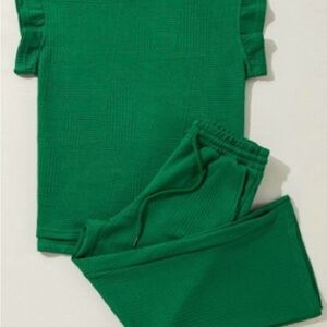 Green Textured Top and Pants Set Ruffle sleeve